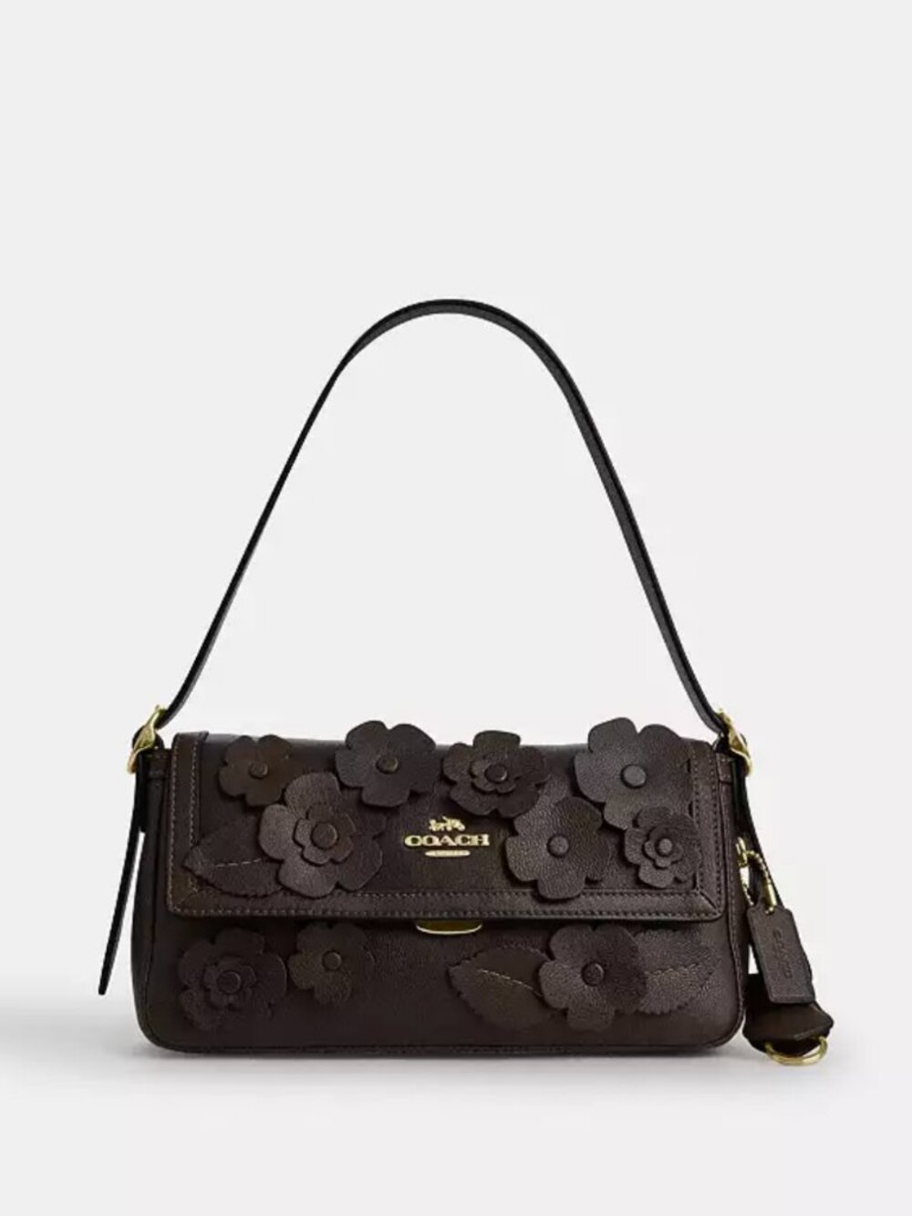 Coach etta small flap shoulder bag with floral applique. gold/maple. cdy43.
